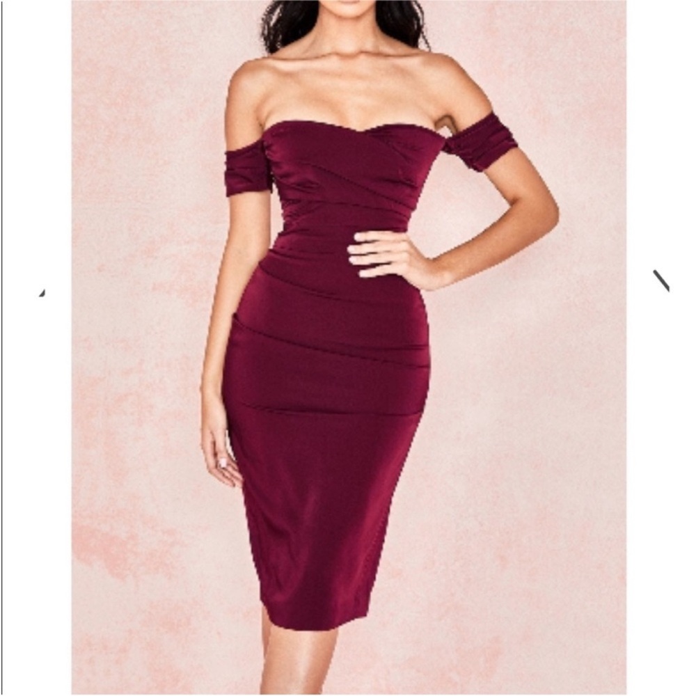 House of CB Wine Off-Shoulder Ruched Midi Dress